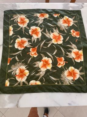 Real Floral Linen Scarf with Orange Hibiscus on Olive Green